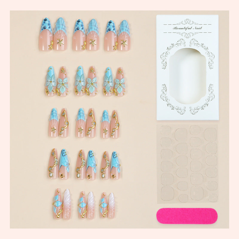 Premium Künstlerische Press-On Nail Set mit Dekorativen von Ozean Inspirierten Designs Brehn