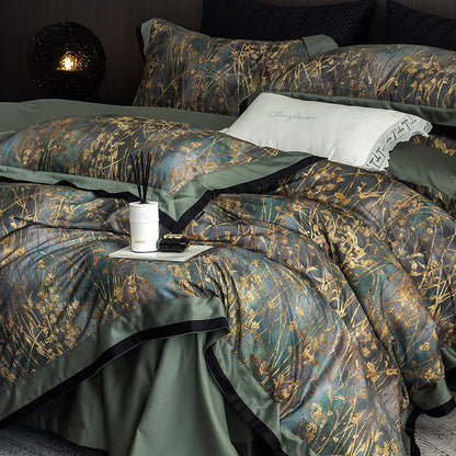 Luxuriöse Bettwäsche-Garnitur aus Baumwollsatin mit filigranem Gräser-Print und satiniertem Saum