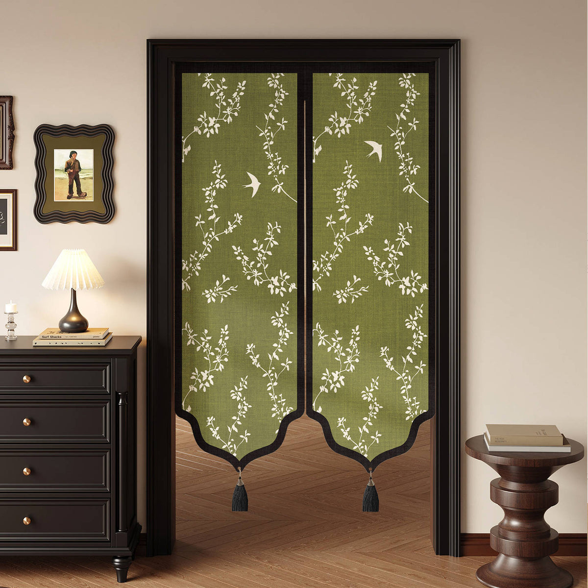 Decorative Split Noren Door Curtain Panel with Floral Jacquard and Tassel Weights