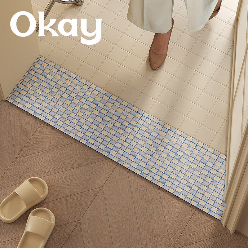 Absorbent Anti-Slip Bathroom Threshold Runner Mat with Mosaic Grid Print