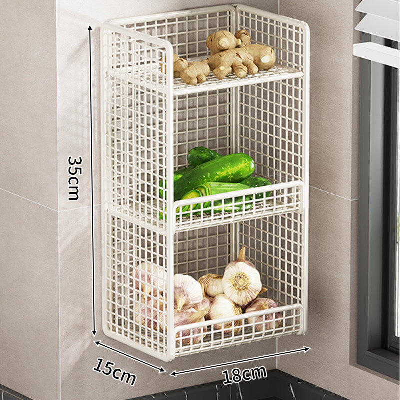 Wandmontierter dreistufiger Mesh-Küchenorganizer mit seitlichem Utensilienfach