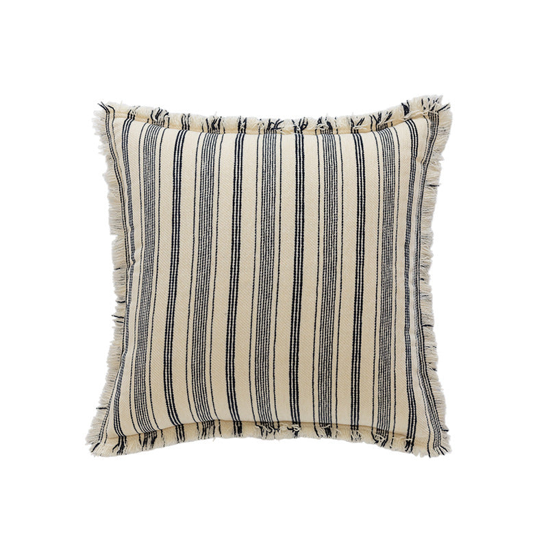 Quadratisches gewobenes Baumwollstreifen-Akzentkissen mit Fransenbordüre und abnehmbarem Bezug