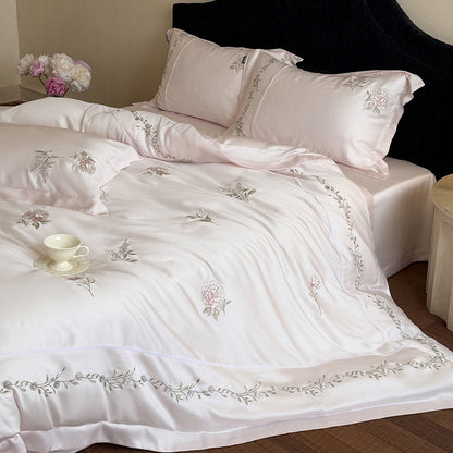 Seideneffekt Floral Stickerei Bettwäsche Set mit handgesticktem Weingartenrand