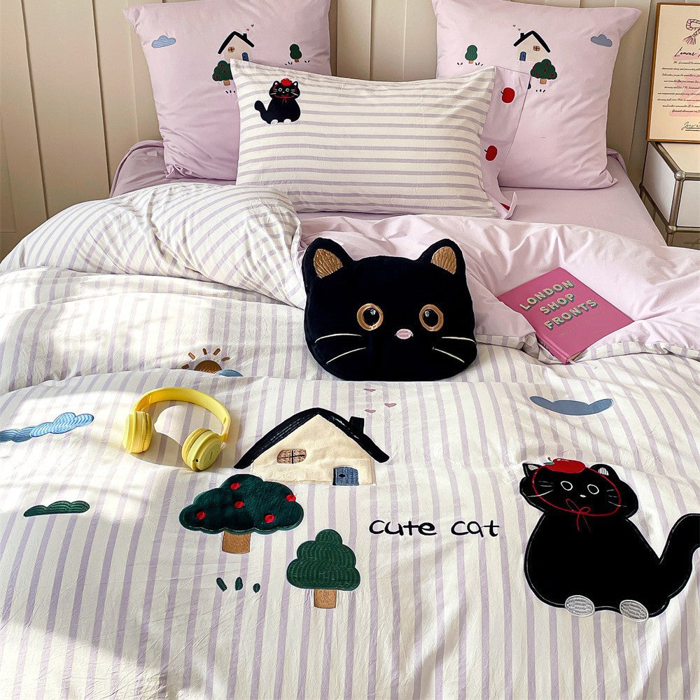 Verspielt Appliqué Katze gestreiftes Bettwäsche Set mit passenden Kissenbezügen