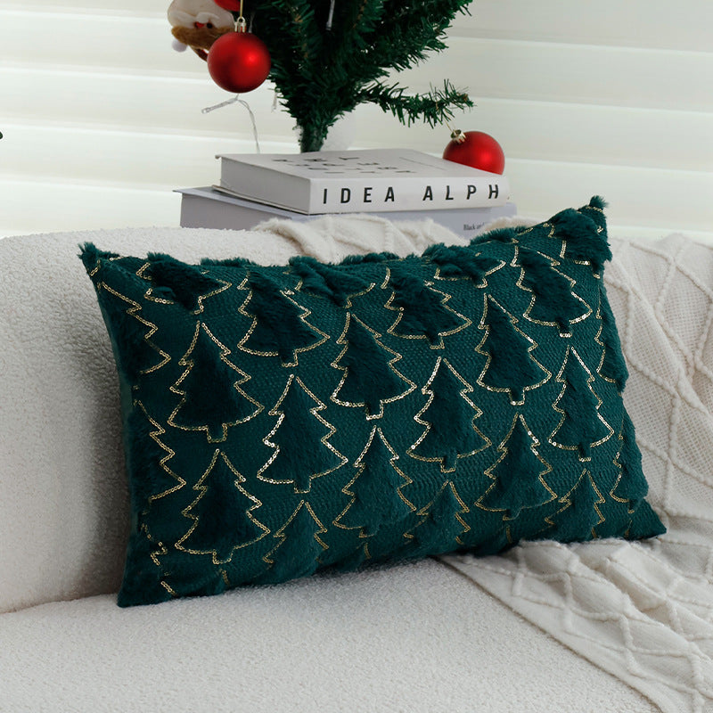 Rechteckiger dekorativer Kissenbezug mit tufted Tannenbaum‑Applikation, Kunstfell‑Haptik und Paillettenbesatz Brehn