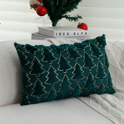 Rechteckiger dekorativer Kissenbezug mit tufted Tannenbaum‑Applikation, Kunstfell‑Haptik und Paillettenbesatz Brehn