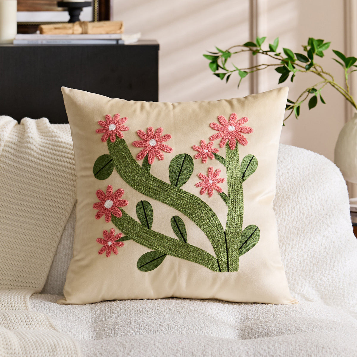 Quadratisches Samt-Applikations-Tufted Floral Akzent-Wurfkissen