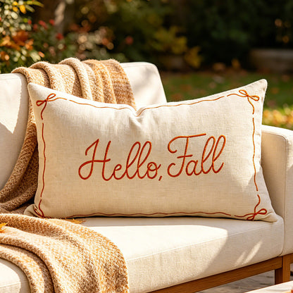 Bestickte Hello Fall Leinen-Optik Lendenkissenbezug