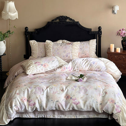 Elegantes Satin-Bettwäscheset mit Aquarell-Blumenmuster, Volant und gerafften Kissenbezügen