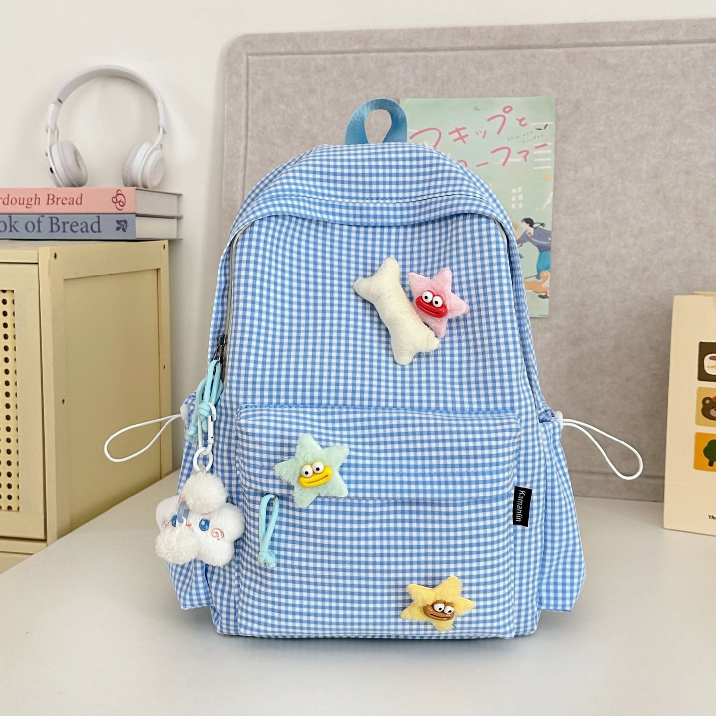 Gingham-Print Charakter-Verzierte Schul-Rucksack