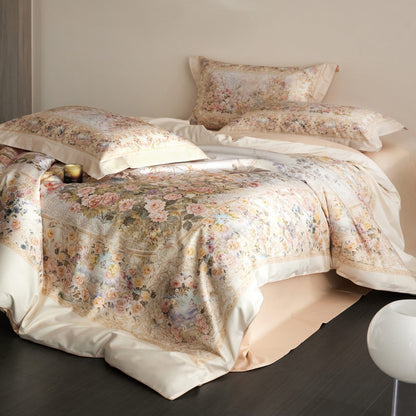 Blumen Satin-Feel Bettdeckenbezug-Set mit Oxford-Kissenbezügen