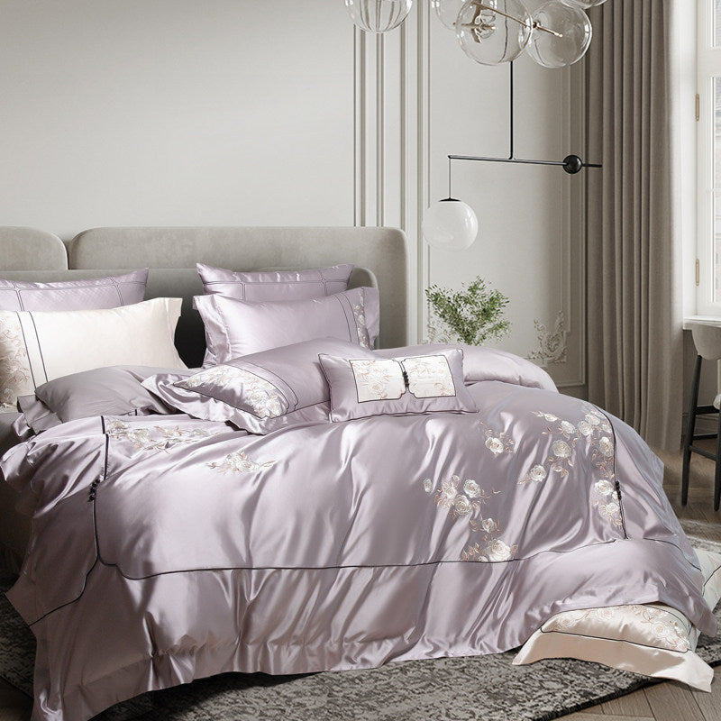 Seiden-Effekt Satin Besticktes Rosen Bettbezug Set mit Verstecktem Reißverschluss & Euro Kissenbezügen