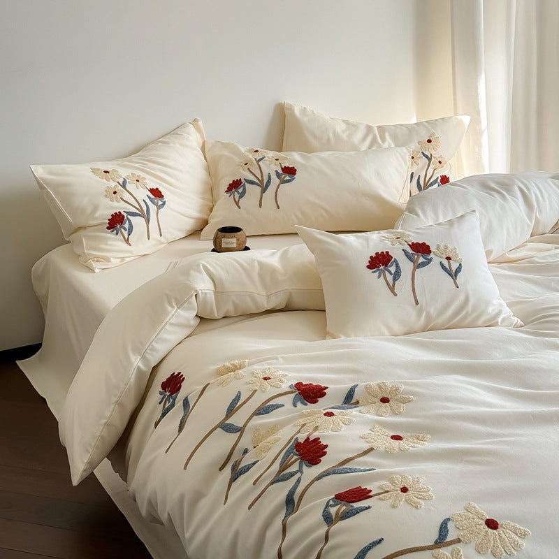 Bestickte botanische Baumwoll-Percale-Bettwäsche mit Applikationsblumen und Umschlagkissenbezügen
