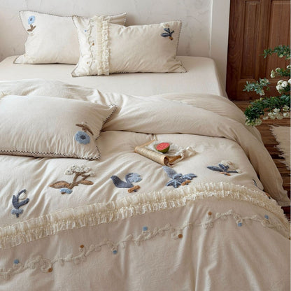 Bestickte Blumenvolant Baumwollbettdeckenbezug Bettwäsche Set