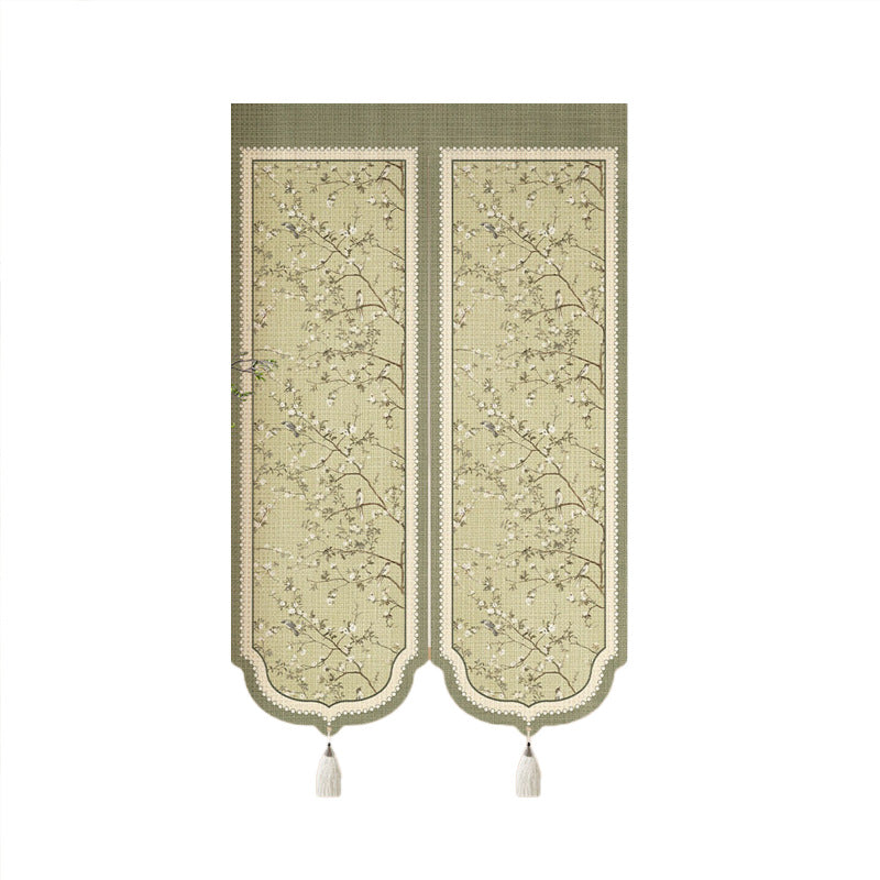 Split-Panel Decorative Door Noren Curtain with Tropical Botanical Print and Tassel Trim