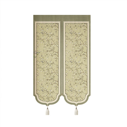 Split-Panel Decorative Door Noren Curtain with Tropical Botanical Print and Tassel Trim