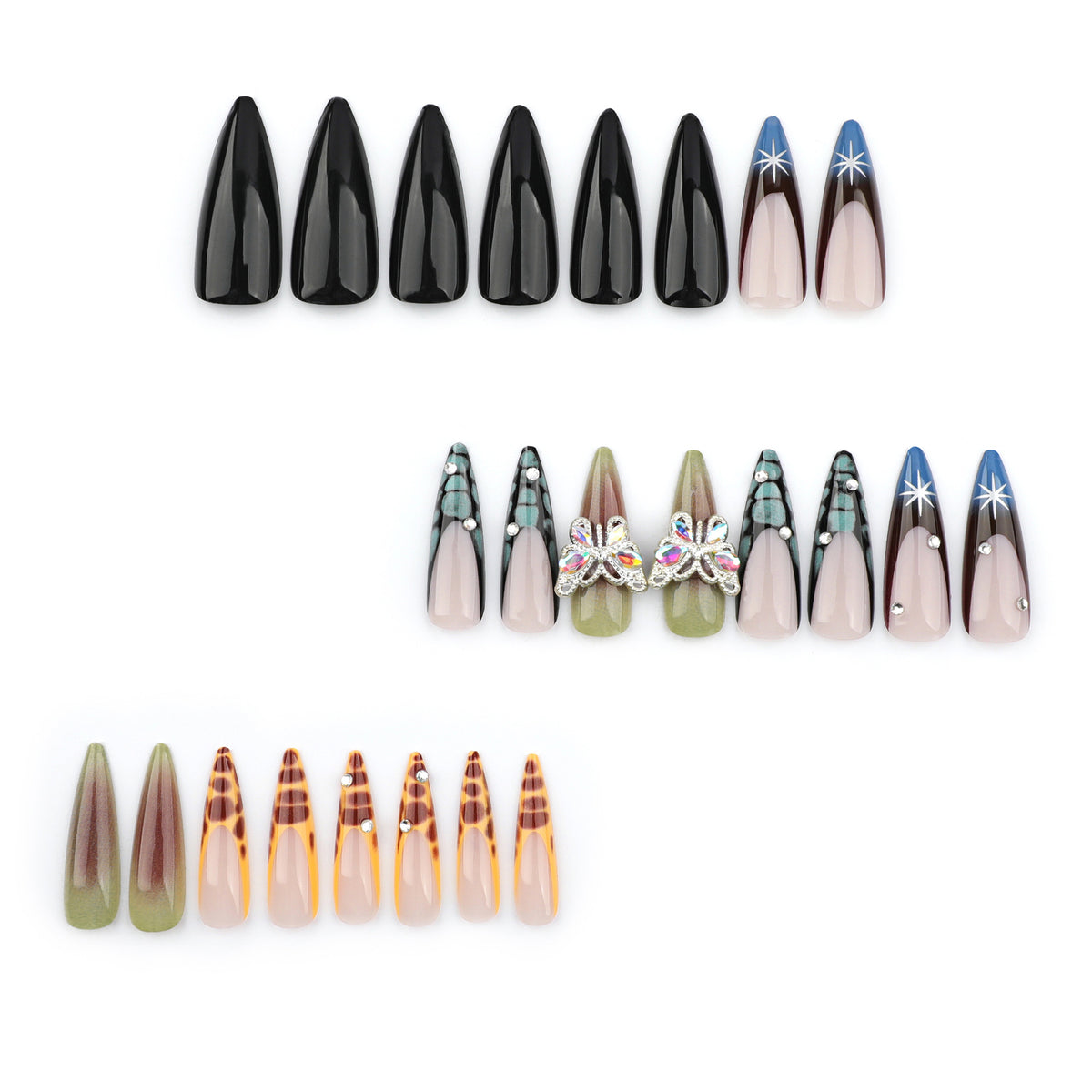 Kunstvolle Nagelverlängerungen mit eleganten Designs und Glitzer Brehn