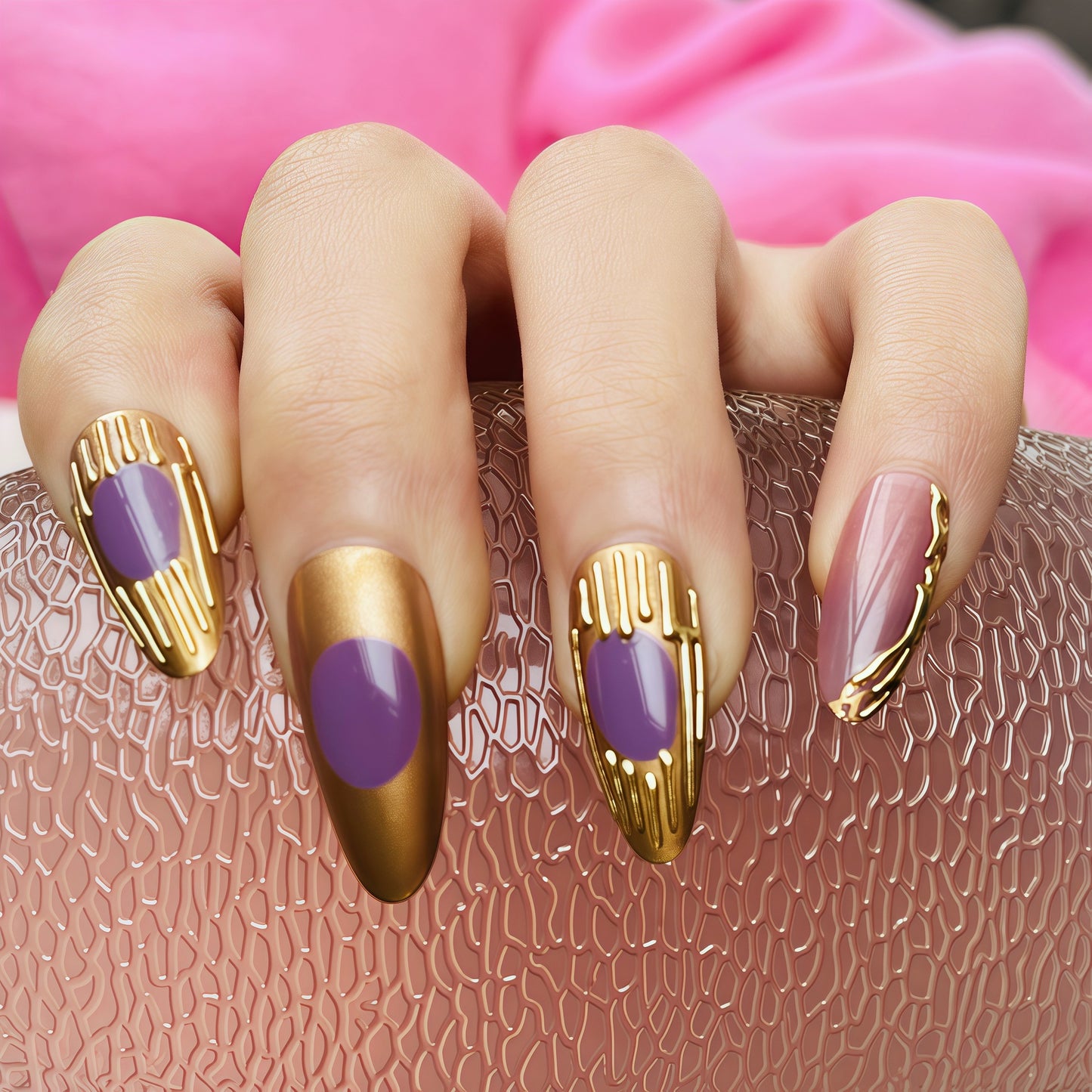 Künstlerisches Press-On-Nagelset mit Gold- und lila Akzenten Brehn