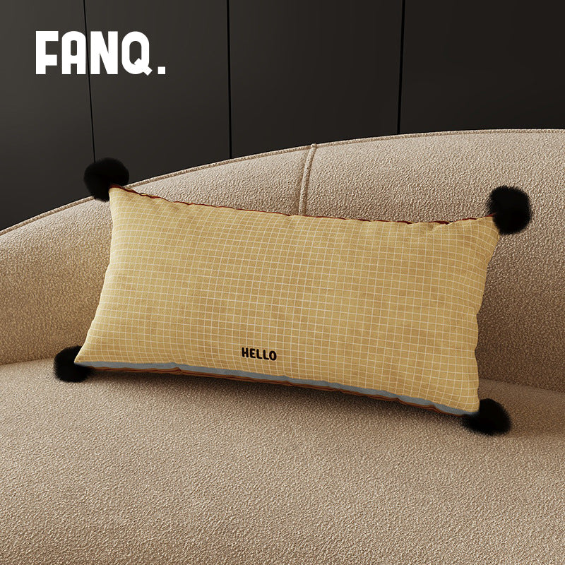 Decorative Long Lumbar Velvet Pillow with Checkerboard Jacquard, Pom-Pom Corners and Patchwork Accents