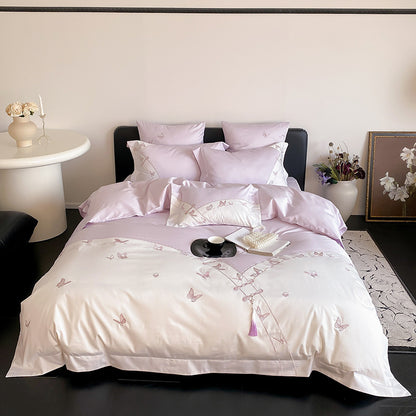 Schmetterlings-gestickter Satin-Feeling Baumwollsatin Bettbezug Set mit dekorativen Kissenbezügen