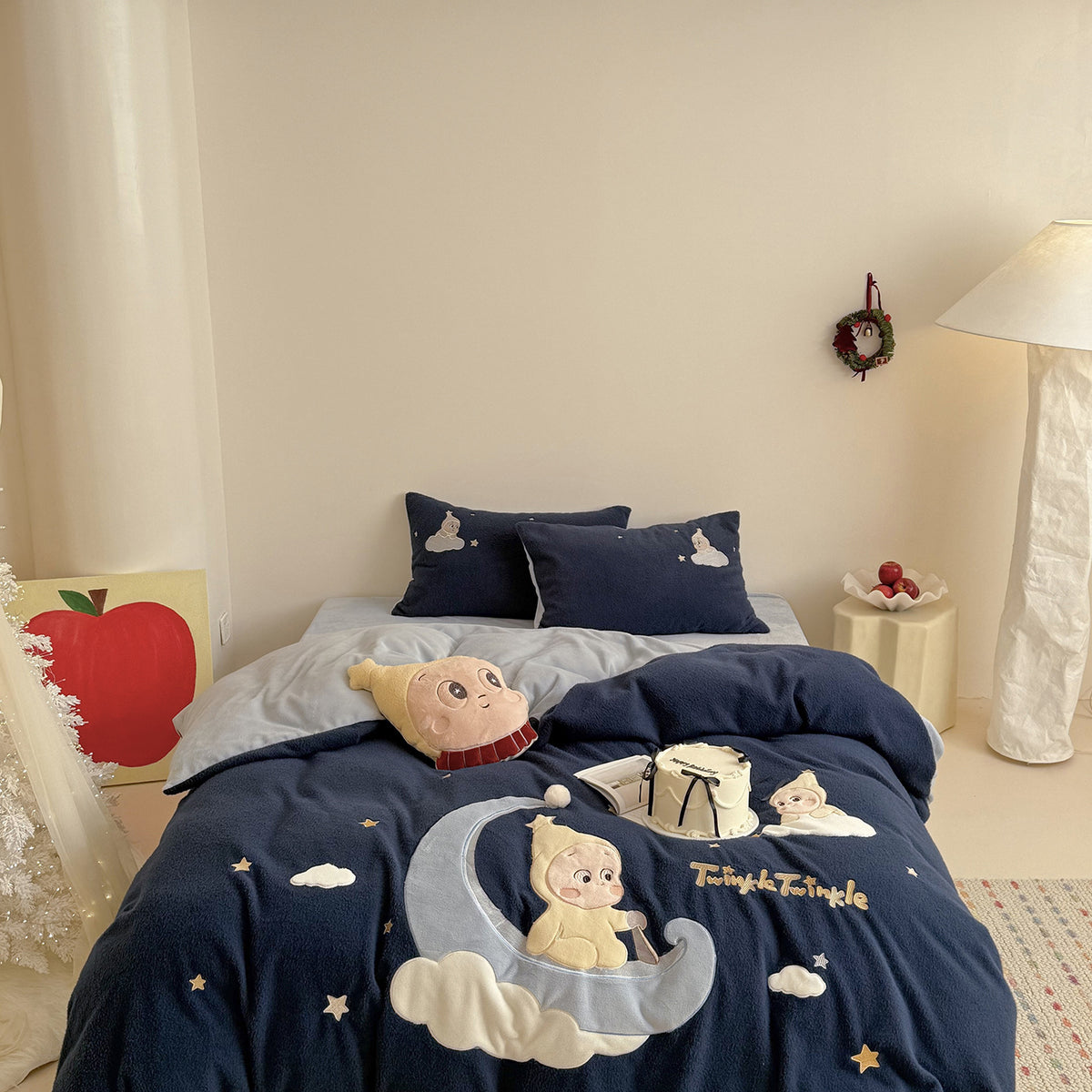 Kinder-Flauschbettwäsche-Garnitur mit Mond- und Stern-Applikation