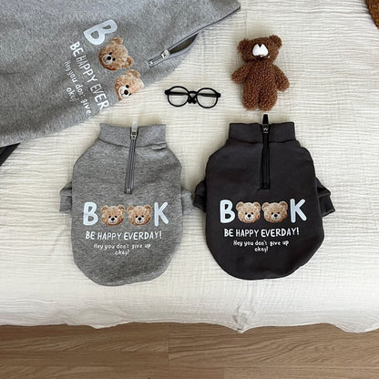 Zip-Up Baumwollmischung Haustierpullover mit Teddy-Bären-Druck