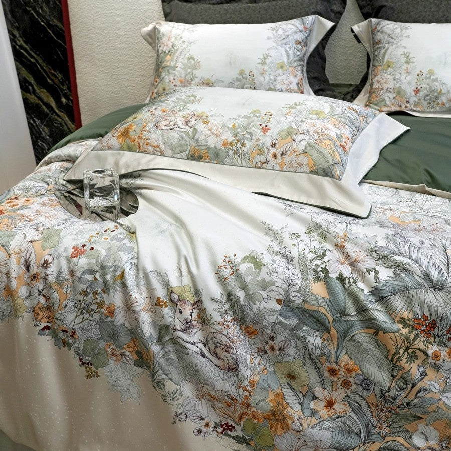 Reversibles Botanisches Baumwoll-Satin Bettbezugset mit Paspelrand und passenden Kissenbezügen