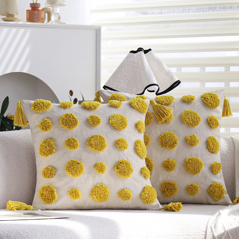 Dekoratives Zierkissen mit bunten Chenille‑Tufts, Baumwoll‑Leinenbezug und Quasten Brehn