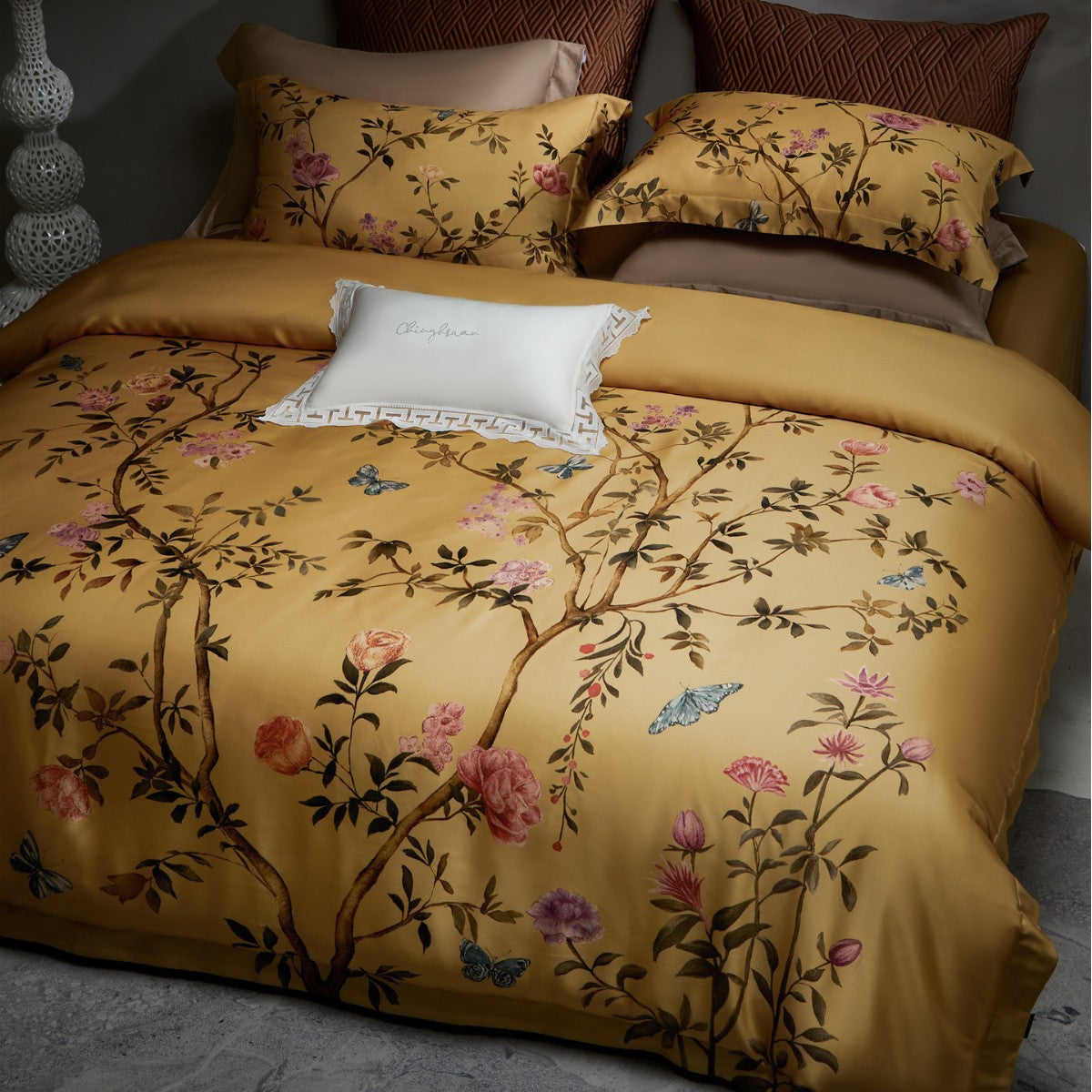 Blumen-Aquarell Satin-Feel Wendebettbezug Set mit botanischem Druck & Paspel-Kissenbezügen