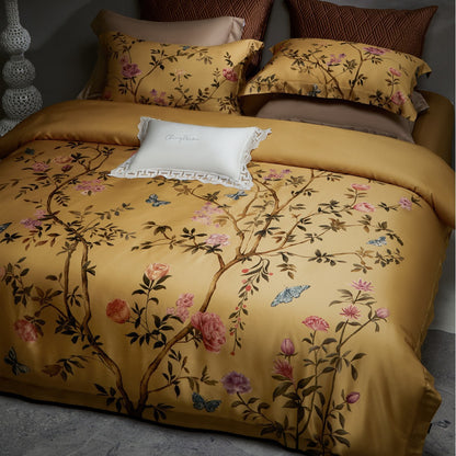 Blumen-Aquarell Satin-Feel Wendebettbezug Set mit botanischem Druck & Paspel-Kissenbezügen