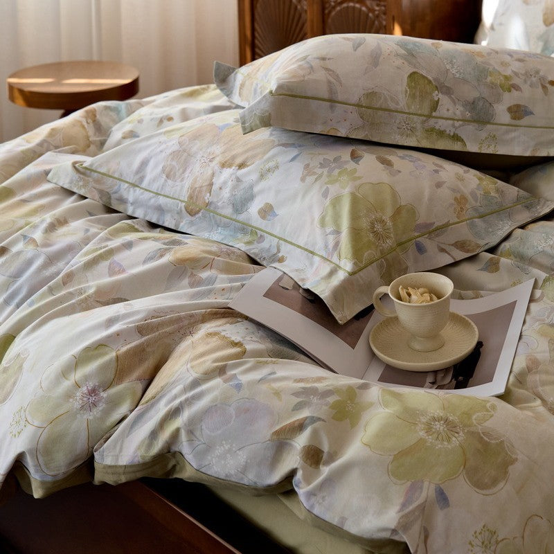 Bettwäsche-Garnitur aus Baumwollsatin mit floralem Aquarellrosen-Print und Wendefunktion