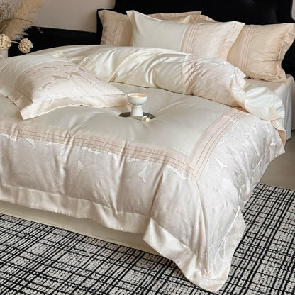 Luxuriöses Satin-Jacquard-Blumenbettwäsche-Set mit plissiertem Bettrock