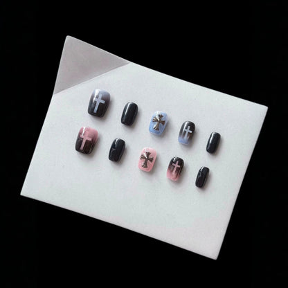 Künstlerisches Press-On-Nagelset mit Kreuz- und Ombre-Design