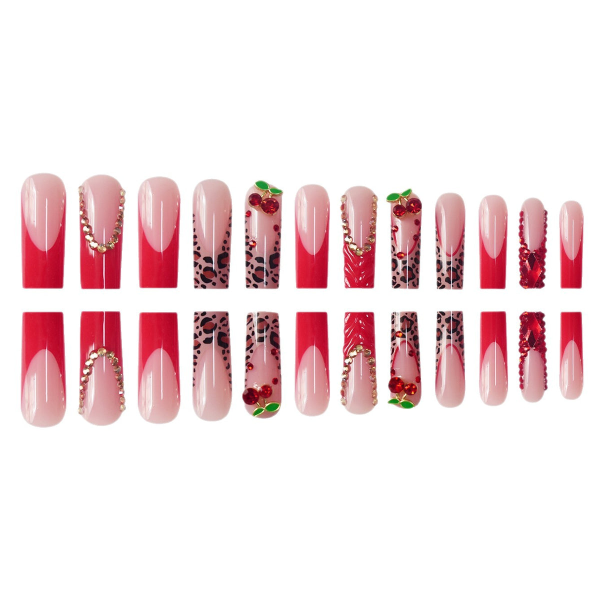 Dekorativer Langer Press-On Nagelset mit Edelstein- und Blumenakzenten Brehn