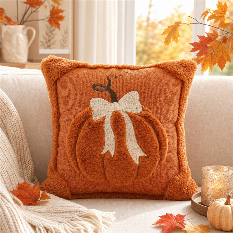 Herbst Kürbis Chenille Geplüschtes Quadratisches Wurfkissenüberzug mit Plüsch Erhobenem Motiv