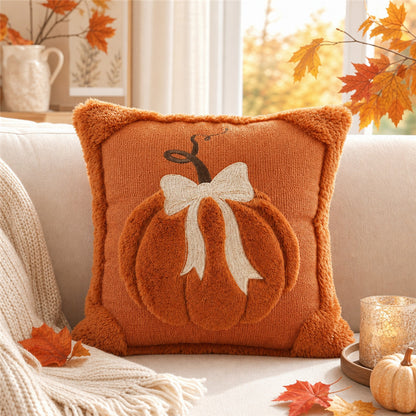 Herbst Kürbis Chenille Geplüschtes Quadratisches Wurfkissenüberzug mit Plüsch Erhobenem Motiv