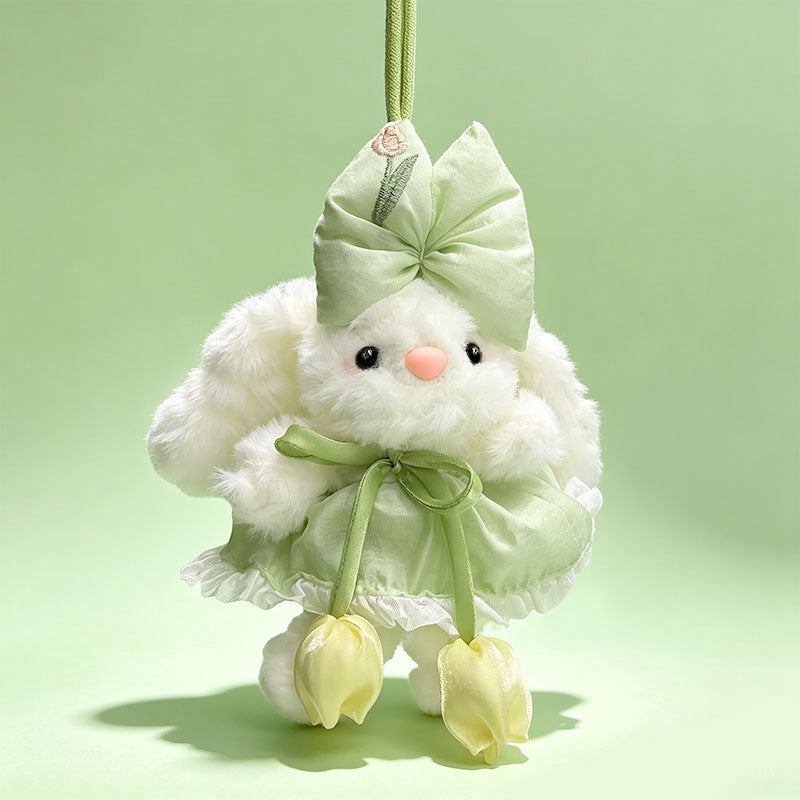 Plüsch Hase Taschenanhänger Schlüsselanhänger mit dekorativem Bogen und floralem Kleid Brehn
