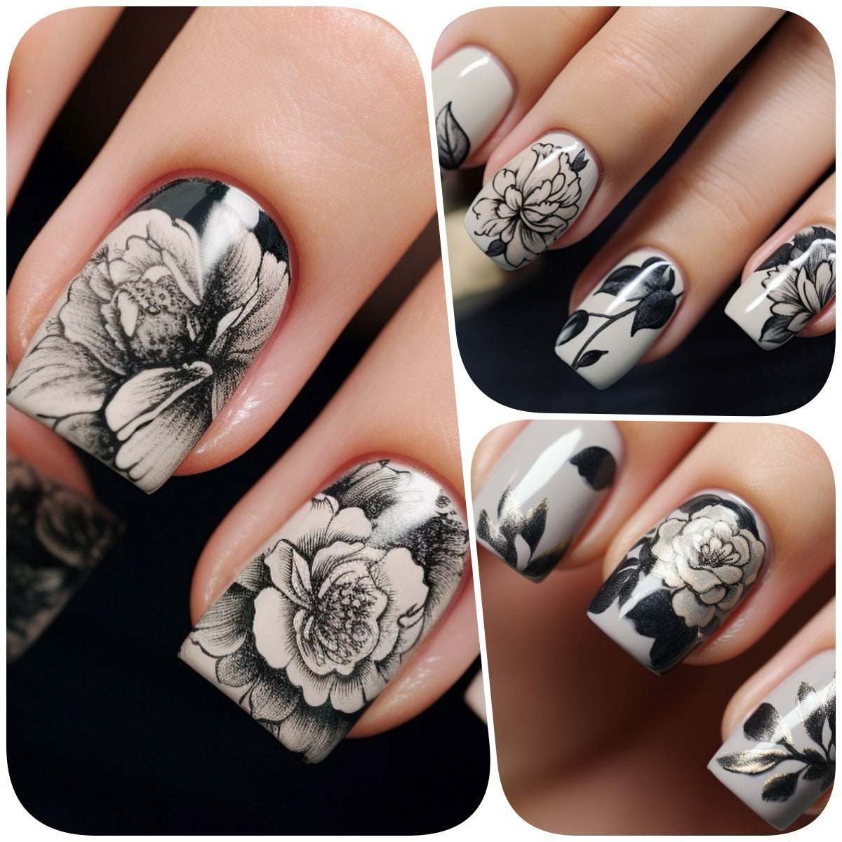 Kunstnägel mit floralem Schwarz-Weiß-Design Brehn