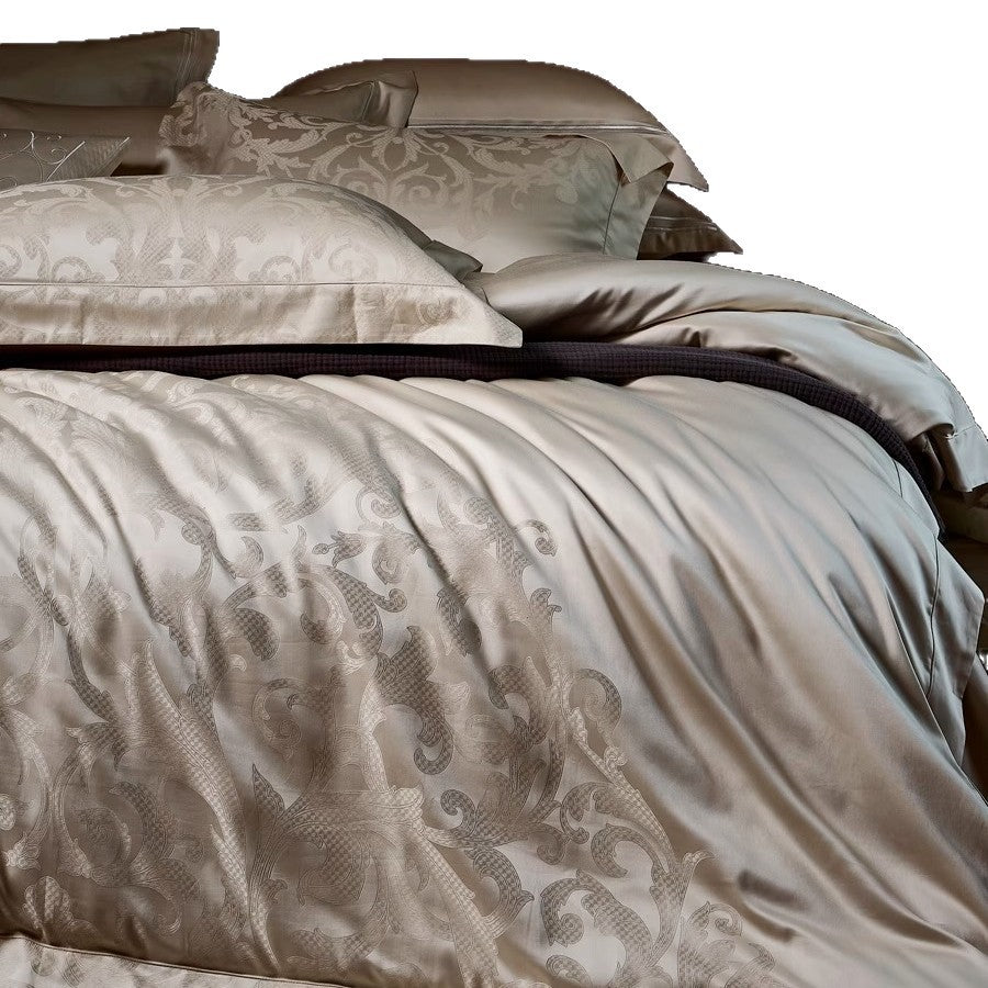 Luxuriöses Jacquard-Damaskus-Baumwollsatin-Bettbezug-Set mit Umschlag-Kissenbezügen