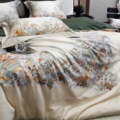 Reversibles Botanisches Baumwoll-Satin Bettbezugset mit Paspelrand und passenden Kissenbezügen
