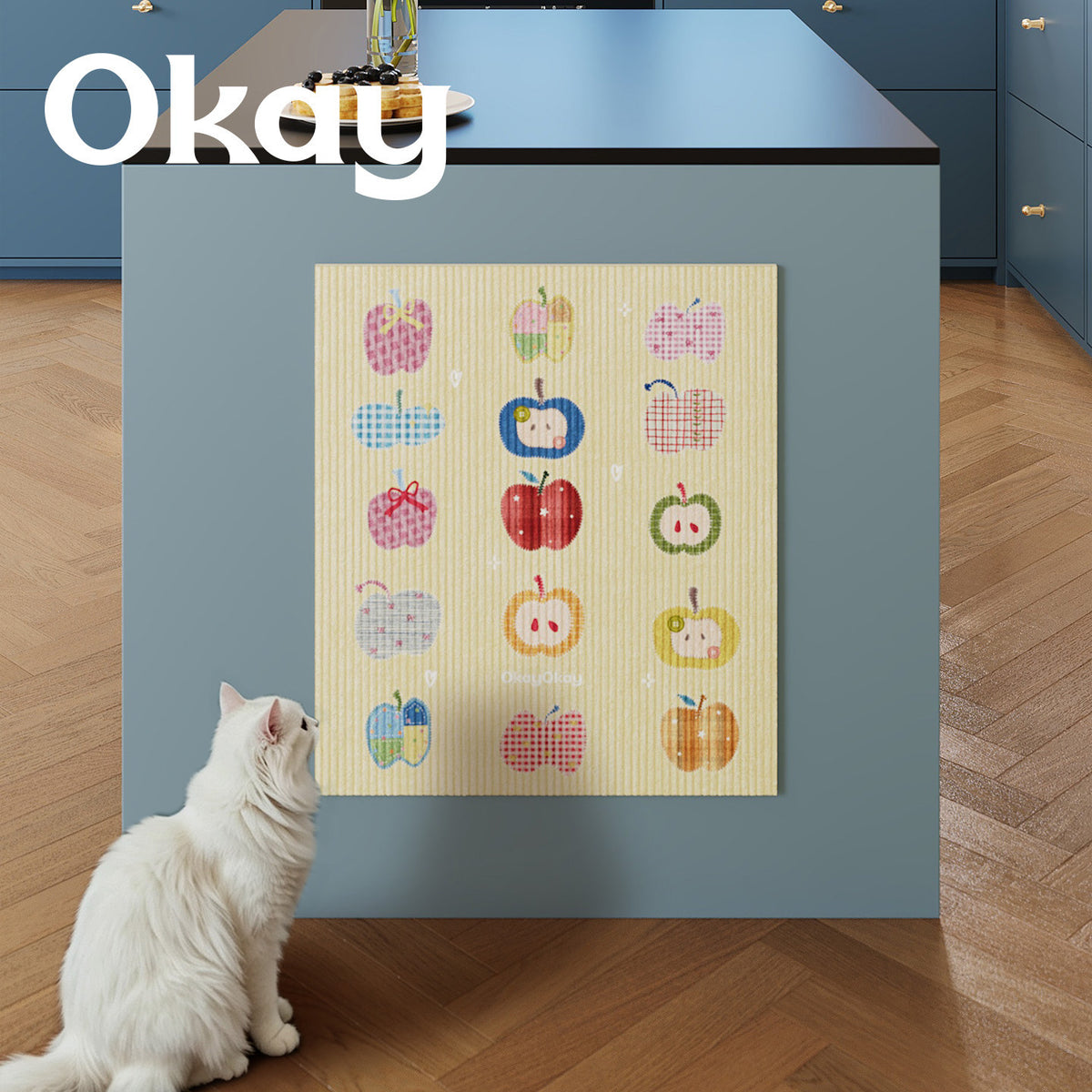 Absorbent Ribbed Microfiber Multi-Purpose Kitchen & Pet Mat with Playful Apple Patchwork Print