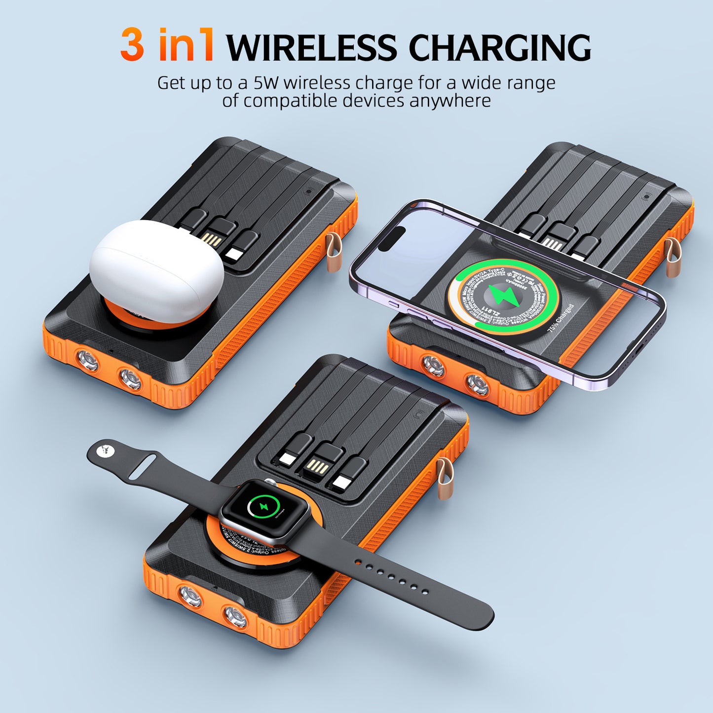 Solar Powerbank mit Multifunktionalem LED-Licht und Integriertem Ladekabel Brehn