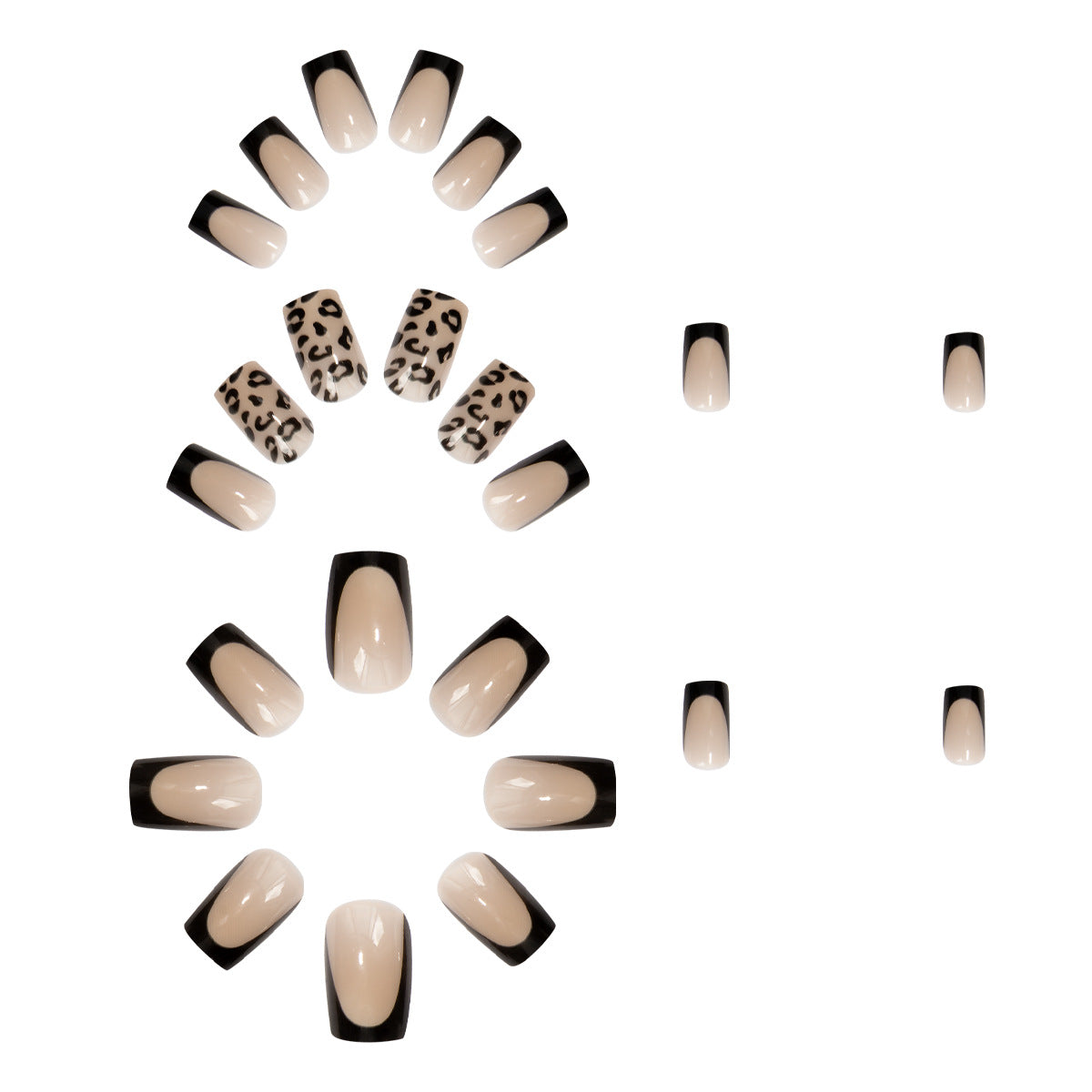 Kunstnagelset mit elegantem Leopardenmotiv und schwarzem French Design Brehn