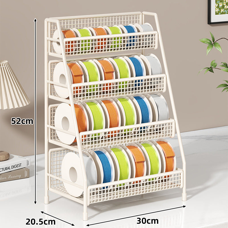 Vierstufiger geneigter Drahtgitter-Roll-Organizer-Ständer für Klebeband, Bänder und Bastelspulen
