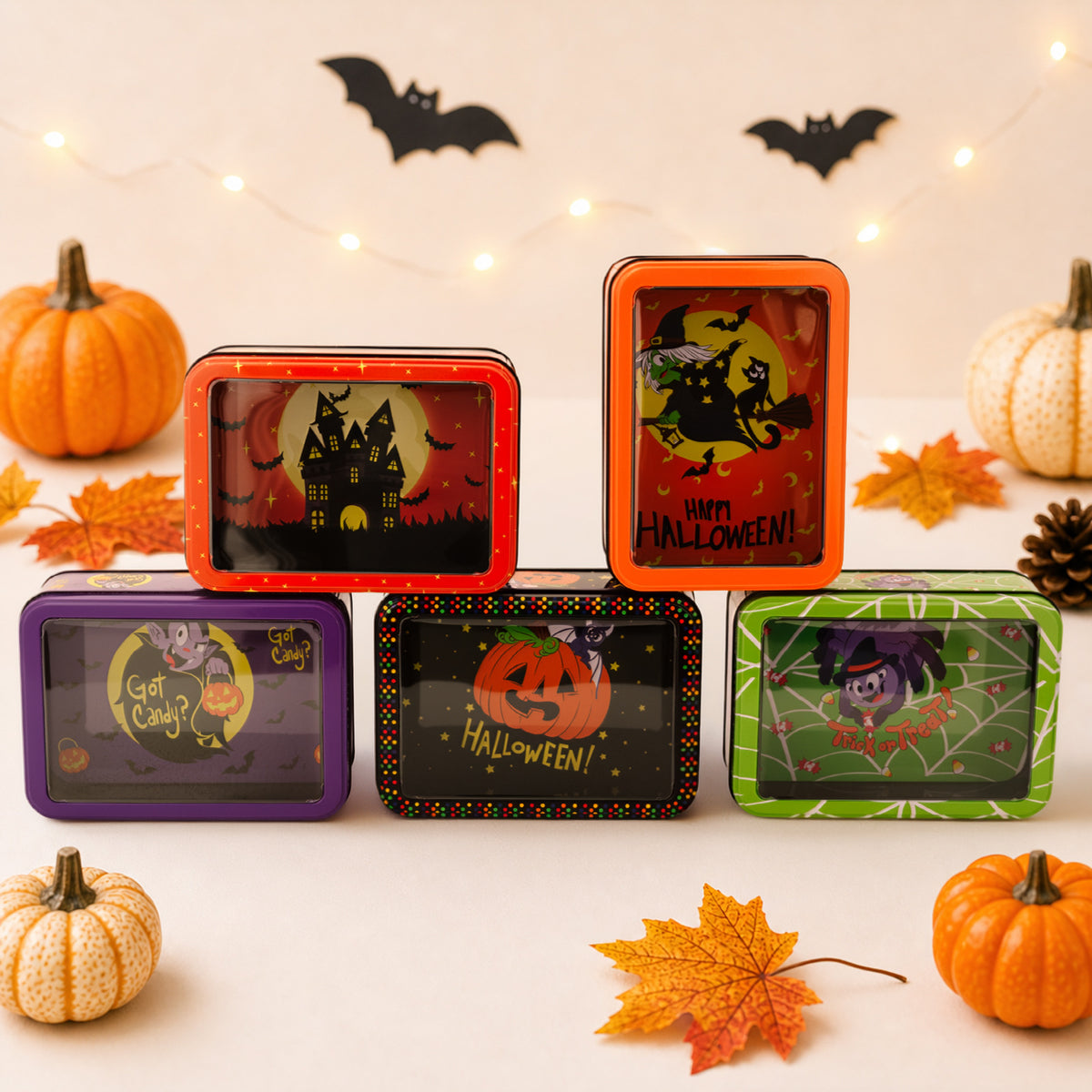 Halloween-Metallbox mit Sichtfenster und Hexenmotiv