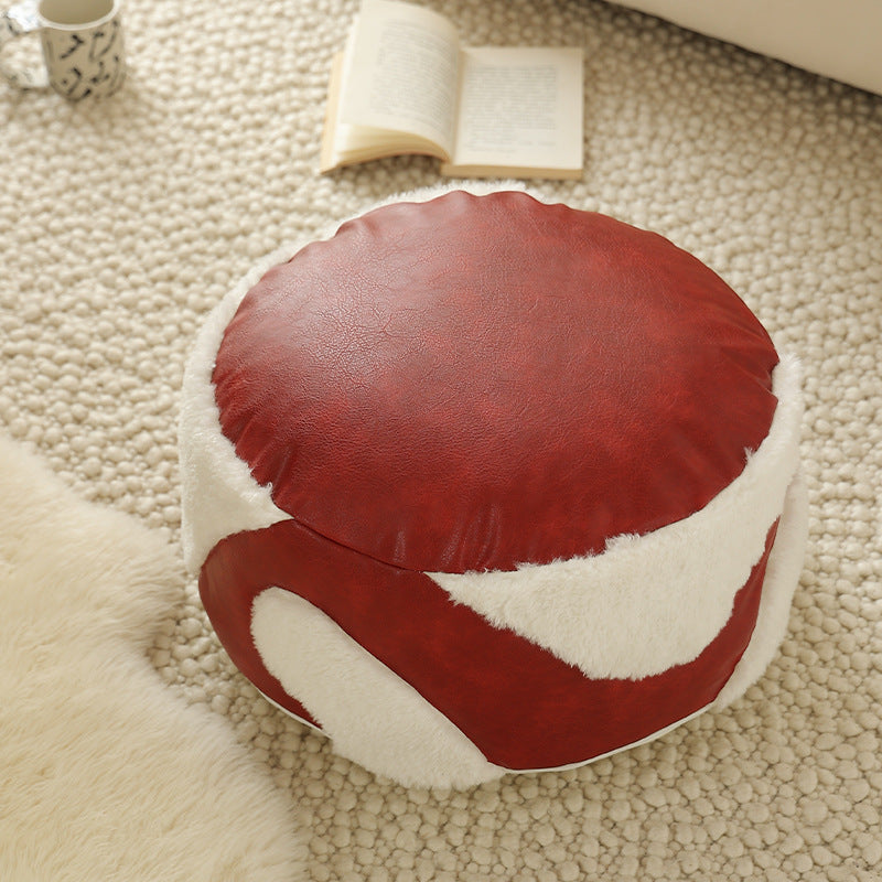 Runder gepolsterter Sitzpouf als Bodenhocker mit Vintage-Lederoptik und Teddy‑Fleece‑Einsätzen Brehn