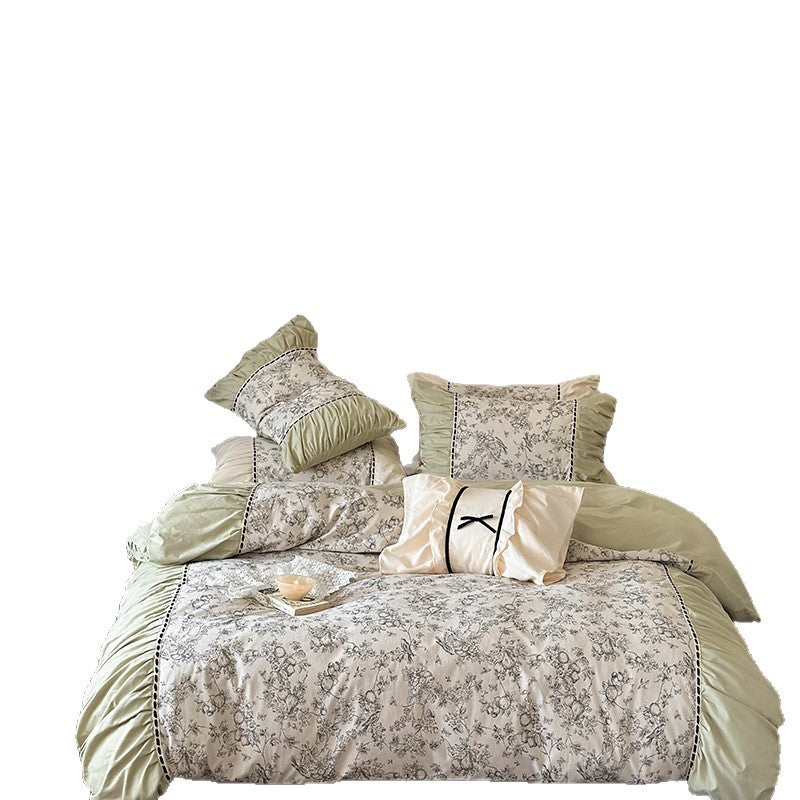 Floral Baumwolle-Leinen Wendebettbezug Set mit Rüsche, Kontrastpaspel und dekorativen Schleifen-Kissenbezügen