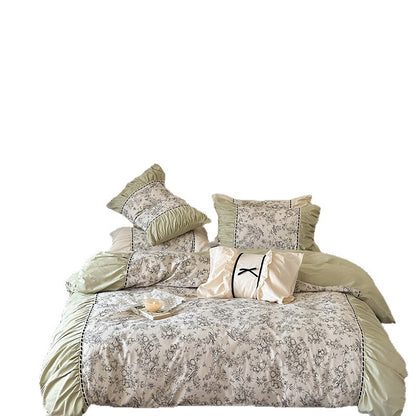 Floral Baumwolle-Leinen Wendebettbezug Set mit Rüsche, Kontrastpaspel und dekorativen Schleifen-Kissenbezügen