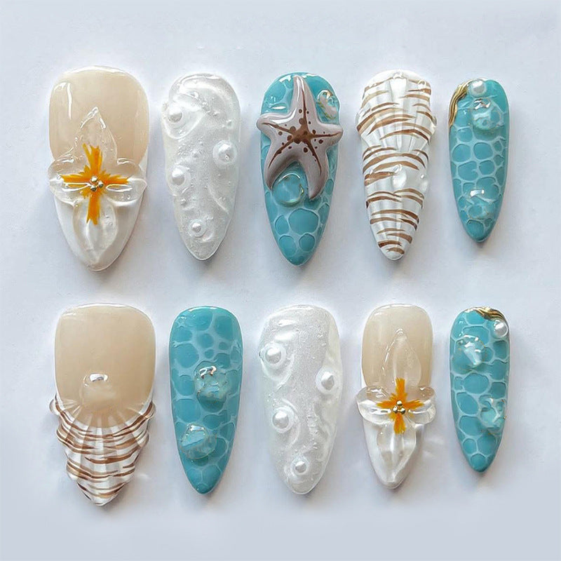 Strand-inspirierte Press-On-Nagelset mit Ozean- und Seestern-Designs Brehn
