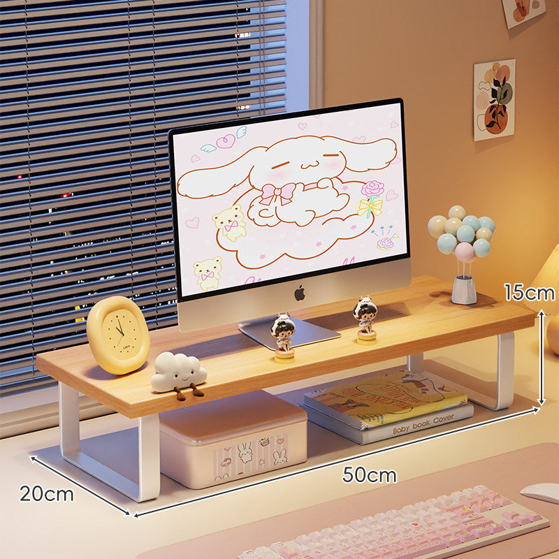 Erhöhter Monitorständer mit Holz-Optik-Oberfläche, Metallrahmen und Unterregal-Stauraum